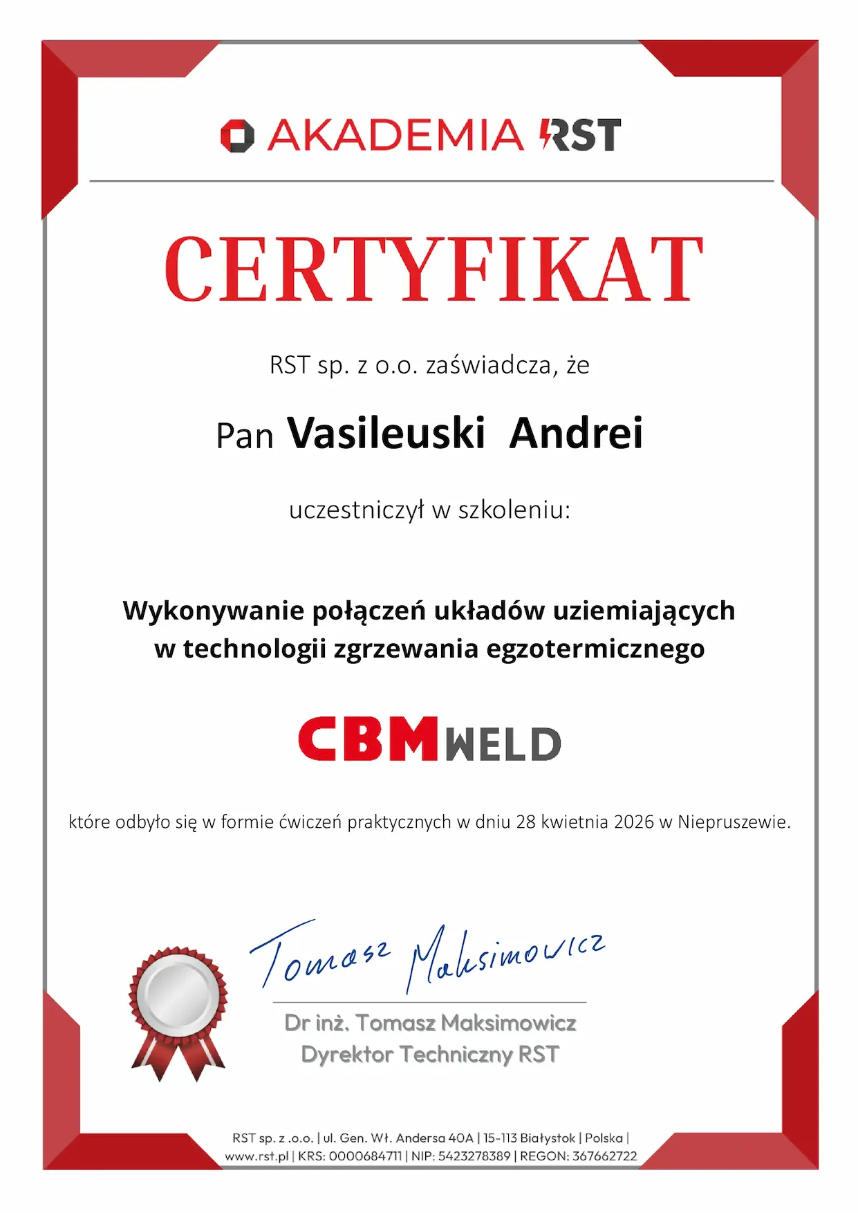 certyfikat Akademia RST